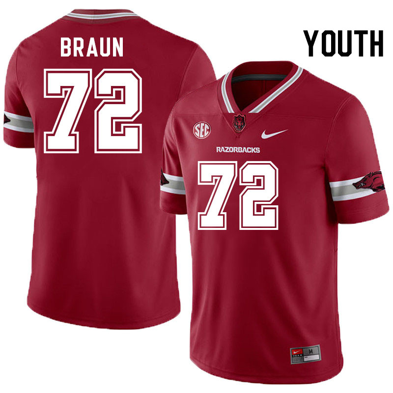 Youth #72 Joshua Braun Arkansas Razorbacks College Football Jerseys Stitched-Alternate Cardinal